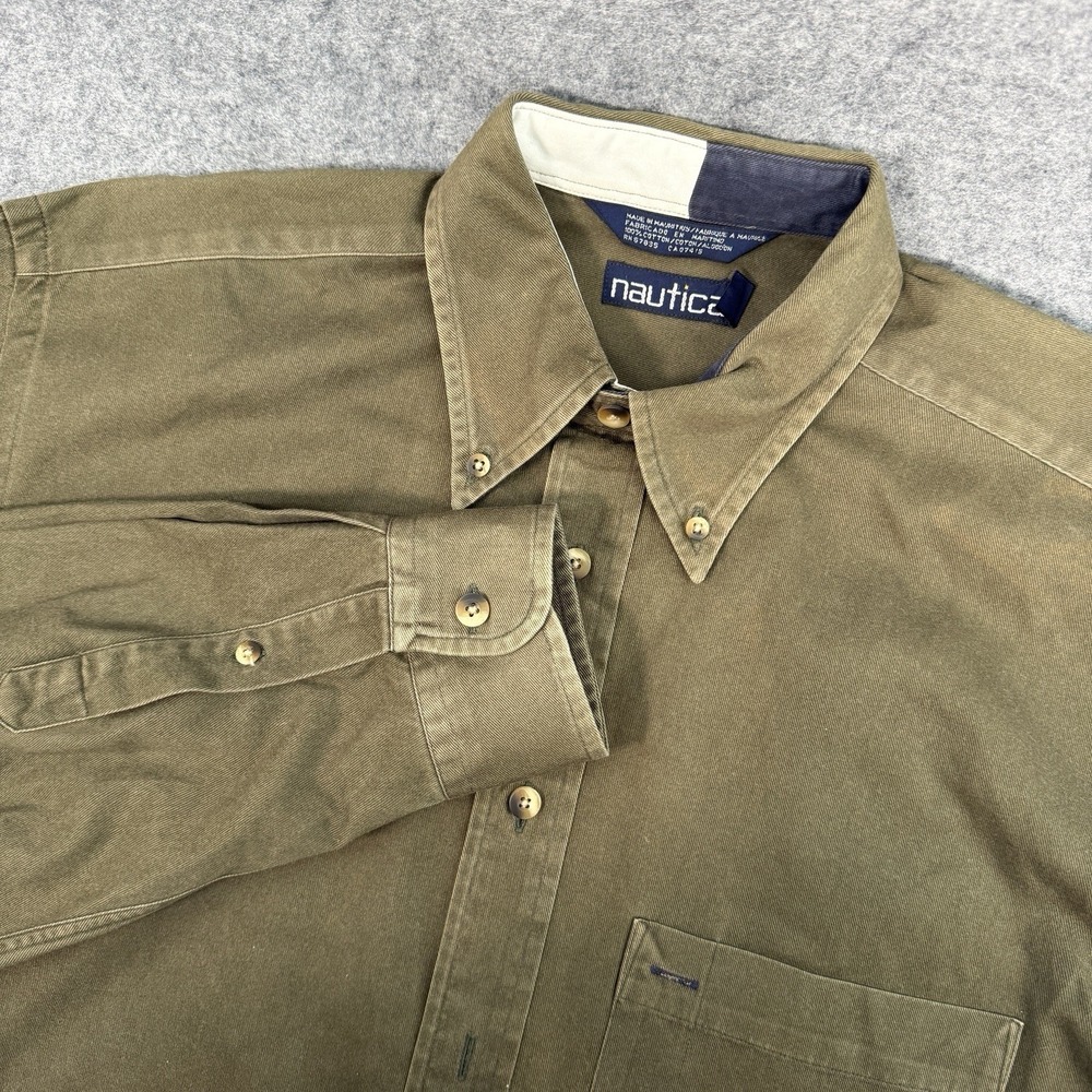 NAUTICA Button Up Shirt Mens L Heavy Twill Olive Green Long Sleeve 100%‎ Cotton